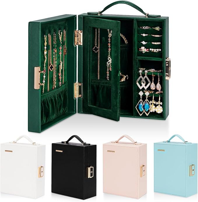 Enthralite Large Travel Jewelry Case: Portable Necklace Box with Mirror - PU Leather & Velvet Lined Jewelry Organizer for Ring Earring Bangle Bracelets Watch - Birthday Gift for Her by Enthralite
