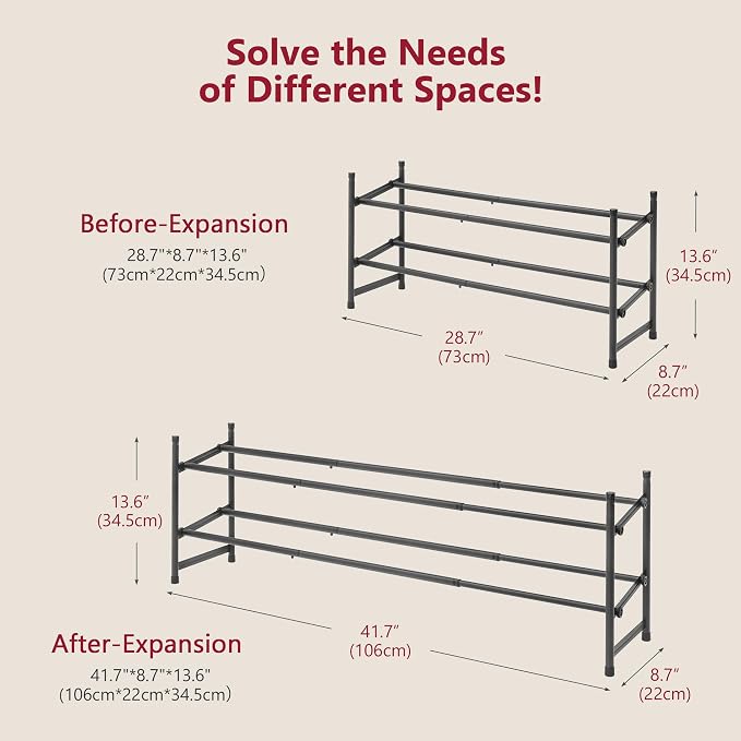 Tajsoon Expandable Shoe Rack for Closet 2 Tier, 28“-41“ Adjustable & Stackable Shoe Shelf Storage, Metal Shoe Rack Organizer for Front Door Entrance, Closet, Garage, Entryway, Black - Image 3