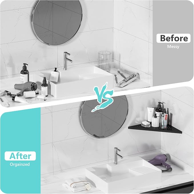 Qeke Bathroom Corner Shelf, Recessed 10" Shower Shelf Caddy, SUS304 Stainless Steel Shelf Wall Mount Triangular, No Drilling, Matte Black - Image 7