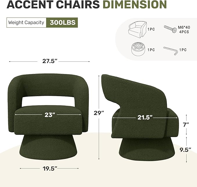 Nebuaegis Swivel Accent Chair Set of 4, Modern Comfy Teddy Barrel Chairs, Oversized Upholstered Round Arm Chair for Living Room, Bedroom, Reading Room, Green