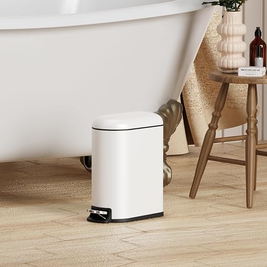 CEROELDA Small Bathroom Trash Can with Lid Soft Close, 5L/1.3 Gallon Stainless Steel Slim Garbage Can, Metal Waste Basket with Step Pedal, for Office, Bedroom, Toilet, Dorm Room (White, 1.3 Gallon) - Image 2