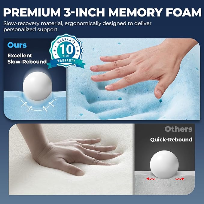 Memory Foam Mattress Topper - 3 Inch Gel Mattress Pad for Pressure Relief, Premium Soft Cooling Sleep Bed Topper, Non-Slip Design with Removable & Washable Cover (White, Queen)