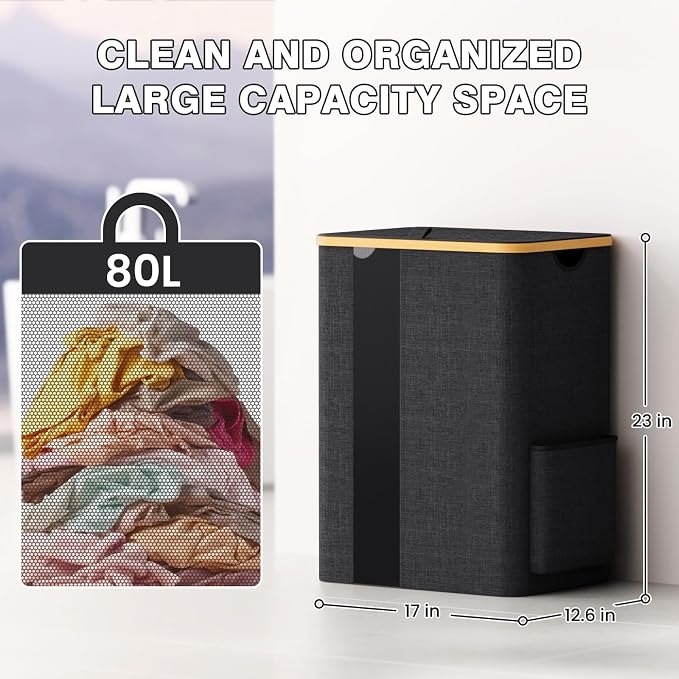 BlissTotes Laundry Basket with Lid, 80L Clothes Laundry Hamper with Handles and Removable Laundry Bag, Breathable Design Hamper with Lid for Bedroom, Bathroom, Dorm, Laundry Room - Dark Grey - Image 2