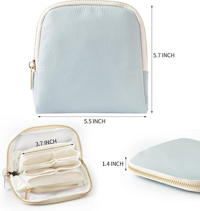 Genuine Leather Travel Jewelry Organizer Case Pouch Bags with Zipper, Small Mini Portable Jewelry Storage Bag for Ring Earrings Necklace Bracelet Travel Essentials Gift for Women（Light Blue） - Image 2