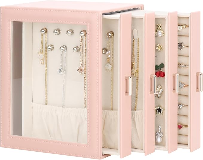 DesignSter Jewelry Box Organizer, Jewelry Box for Women, PU Jewelry Organizer Display Case with Side Drawers, Jewelry Storage for Earring Necklace Ring Bracelet Watch by DesignSter