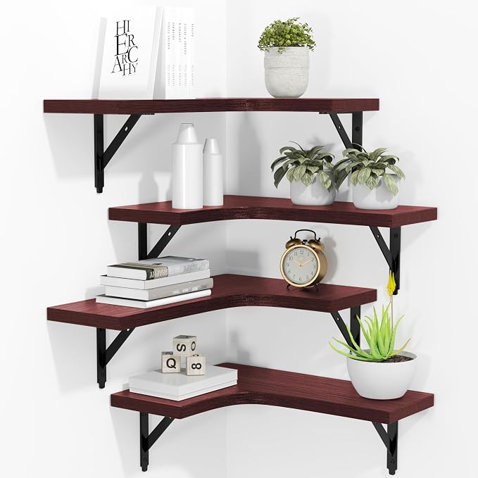 ROMGUAR CRAFT Corner Floating Shelves Wall Mounted Set of 4, Rustic Wood Storage Display Shelves for Home Decor, Bathroom, Kitchen, Bedroom, Living Room, Office (Red) by ROMGUAR+CRAFT
