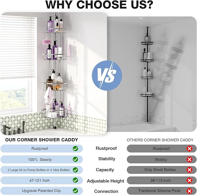 Corner Shower Caddy Tension Pole: Stainless Steel Rustproof 4-Tier Shower Organizer - 47-121 inch Adjustable Bathroom Shelves for Bathtub Shampoo Storage - Tension Rod Floor Standing Bath Rack - Image 2