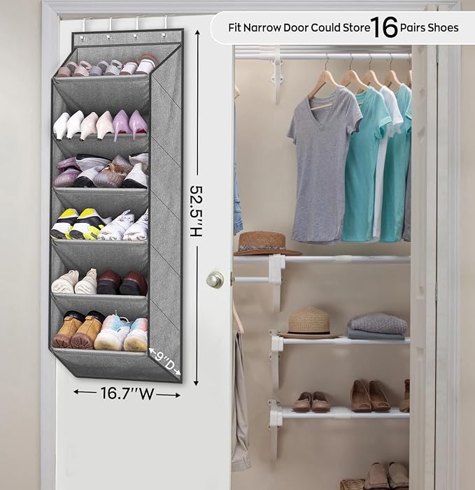SLEEPING LAMB Shoe Rack for Door with Large Deep Pocket, Over The Door Shoe Organizer for Closet, Dorm and Narrow Hanging Sneaker Storage Holder, Grey - Image 2