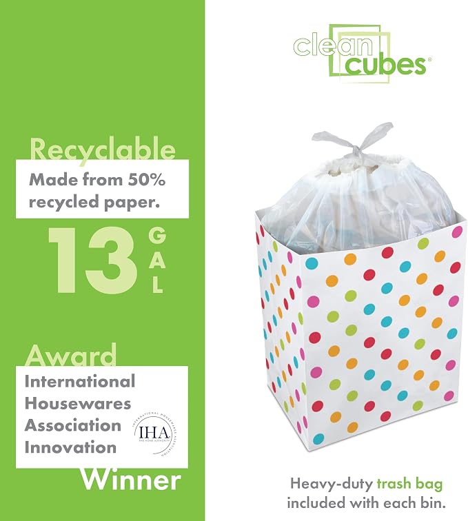 Clean Cubes 13 Gallon Disposable Pop-Up Trash Cans (3-Pack) with Fitted Bags – Foldable Garbage & Recycling Bins for Parties, Events & Kitchen (Polka Dot, 17" H x 13.5" W x 10" D) - Image 6
