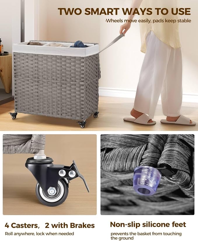 GREENSTELL Laundry Hamper with Wheels&Lid, 130L Large 3 Sections Clothes Hamper with 2 Types Removable Liner Bags, 5 Mesh Laundry Bags, Handwoven Divided Laundry Basket Gray - Image 3