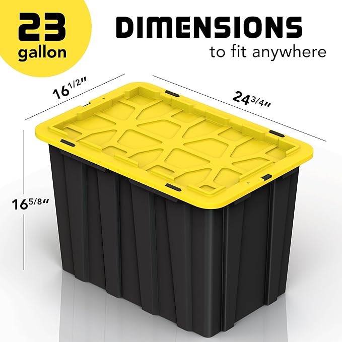 4 PACK X-Large Black & Yellow Storage Bins | Plastic Tote Organizing Container with Secure Latching Lids, Stackable, Extra Strength with Built in Handle | Black and Yellow Bins | 24.5" x 16.5" x 16.6" - Image 3