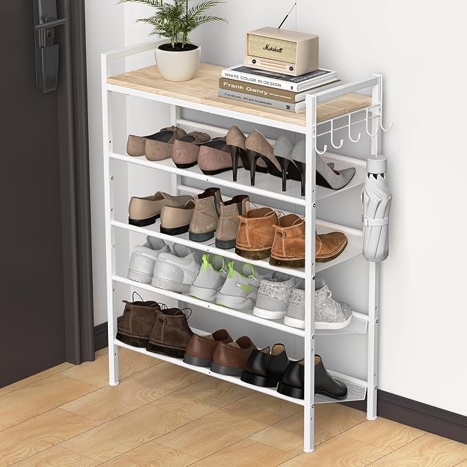 Refrze Shoe Rack for Front Door Entrance, 5 Tier Height-Adjustable Metal Shoe Rack, Sturdy Wooden Top and Tiltable Steel Frame Heavy Duty Shoe Organizer for Bathroom,Bedroom,Kitchen，Include Hook by Refrze