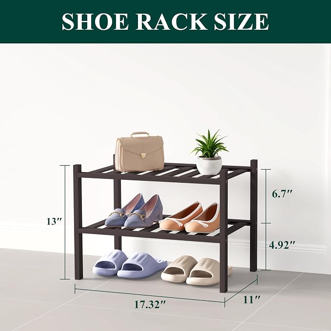 Smiry Bamboo Shoe Rack for Closet, 2 Tier Small Wooden Stackable Shoe Organizer, Free Standing Shoes Storage Shelf for Entryway, Front Door Entrance, Brown - Image 2