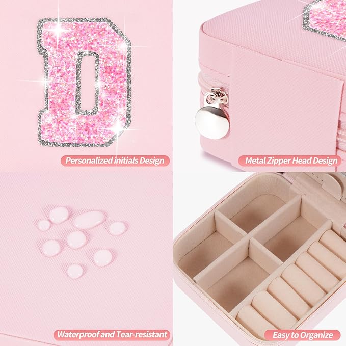 Uygafly Personalized Jewelry Case for Women Girls - Fashion Mini Jewelry Boxes - Trendy Travel Jewelry Organizer with Initials Letter - Teen Gifts | Pink,D - Image 4