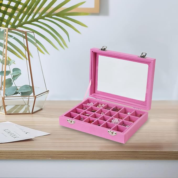 Velvet Jewelry Box 24 Grid Jewelry Earrings Display Organiser Box Ring Tray Holder Earrings Storage Case for Girls Wife Mom Women (Light Pink) - Image 7