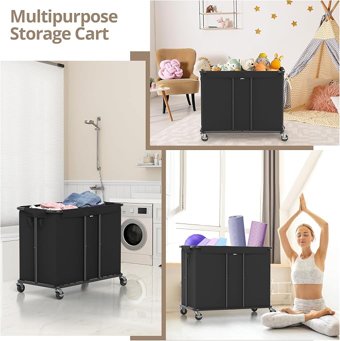 Hodonas Laundry Hamper with Wheels, 2-Section 230L (61Gal) Large Capacity, Heavy-Duty Rolling Clothes Basket with Silent Rubber Casters & Detachable Oxford Bags for Home, Black, 31.5"Lx15.75W"x30.7"H - Image 7
