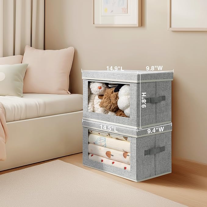 Homsorout Foldable Storage Bin with Lid - Closet Storage Organizer with Window, Storage Bins with Lids for Clothes, Fabric Storage Baskets for Shelves, Bedroom, Dorm, Light Grey, 4 Pack - Image 6