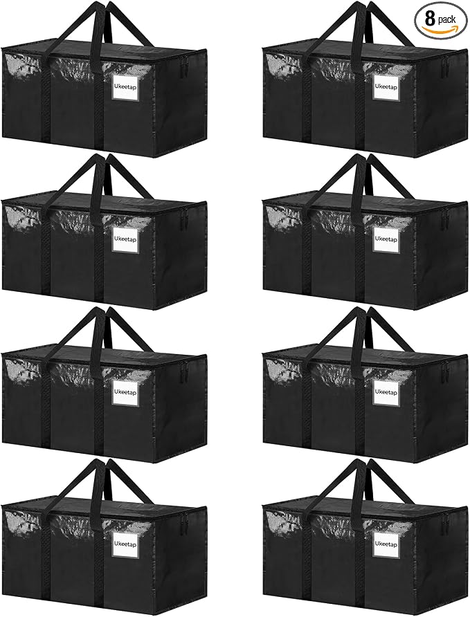 8 Pack Extra Large Heavy Duty Moving Bags, Black Storage Bins with Lids, Reinforced Handles & Heavy-Duty Zippers Moving Boxes Storage Bags Totes for Clothes Packing, Dorms, College Supplies, Black by ukeetap