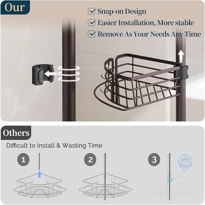 Consumest Corner Shower Caddy Tension Pole - Rustproof Shower Shelves with Towel Bar & Soap Holder, Adjustable Bath Organizer for Bathroom Storage, 27.6-108.3 inch, Bronze - Image 4