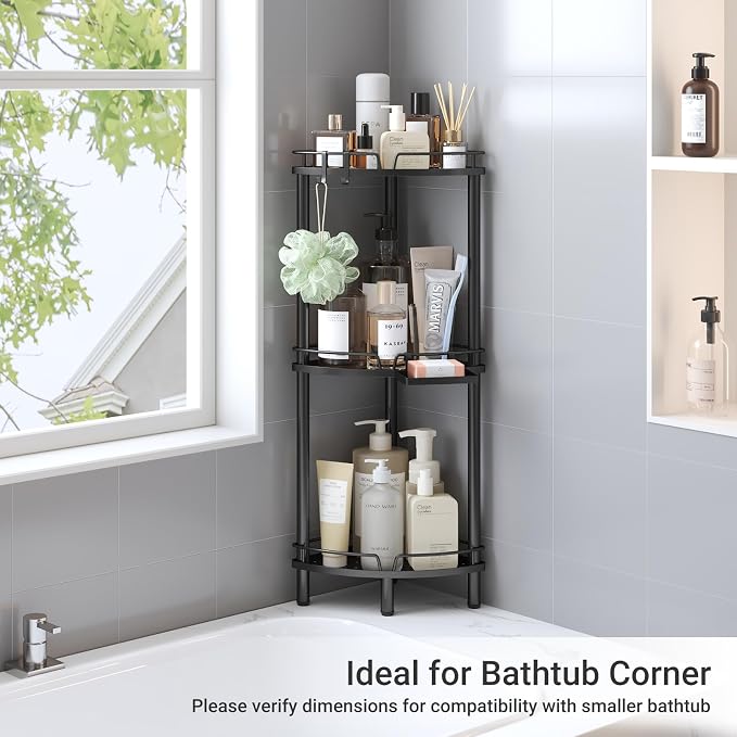ELYKEN Corner Shower Caddy Standing, 3 Tier Rustproof Metal Shower Organizer with Soap Holder, Floor Shower Corner Shelf Rack Storage Stands with Adjustable Feet & 2 Hooks for Bathroom, Black - Image 8