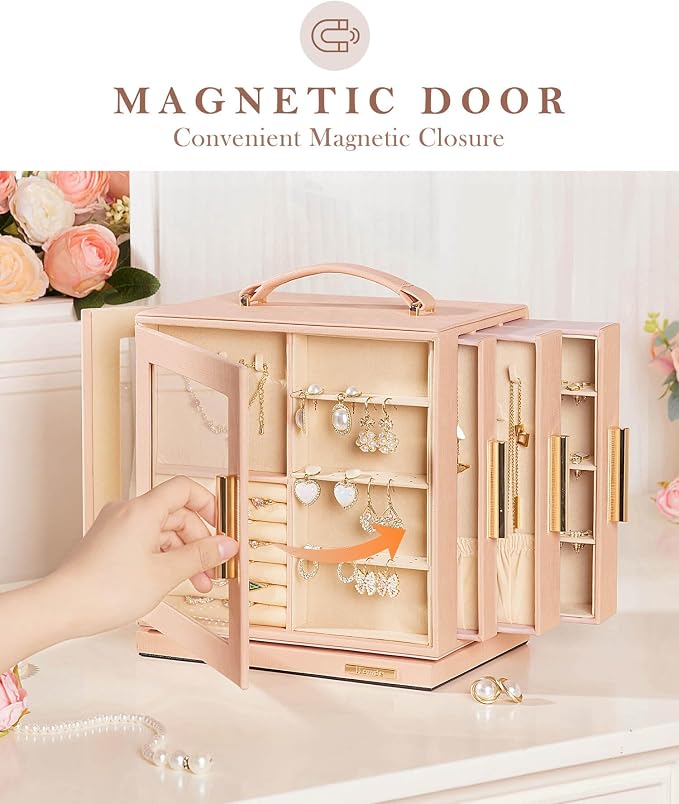 Homde Jewelry Box 360° Rotating, Necklace Earring Organizer with Transparent Window, Mirror, 7 Drawers, Large Ring Display Storage Case for Girls Women (Peach Pink) - Image 7