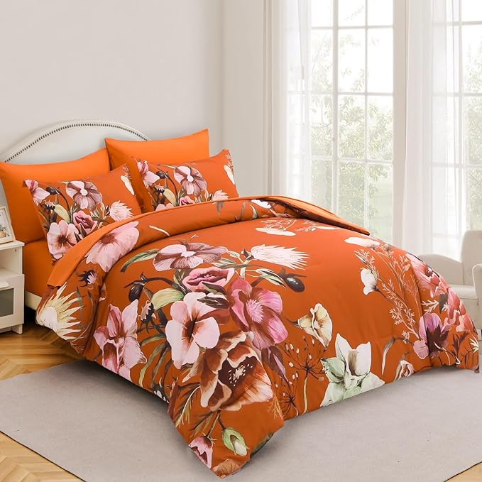 Luxudecor Terracotta Floral Comforter Set King Size 7 Piece, Flower Bed in a Bag, Elegant Floral Comforter with Sheet Set, Soft Microfiber Bedding Set for All Season (Terracotta, 104"x90")