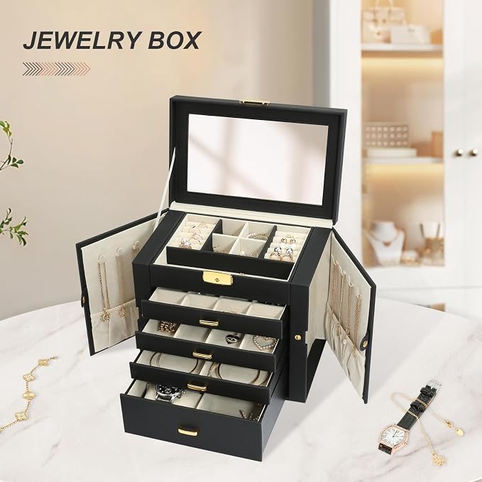 Jewelry Box for Women, 5-Layer Jewelry Organizers Box, Large Jewelry Storage Box for Girls, Jewelry Holder Organizers Gift for Valentine's Day, Christmas, New Year (Black) - Image 2