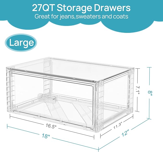 Vtopmart 3 Pack Large Clear Stackable Storage Drawers 27QT, Easily Assemble Plastic Closet Storage Bins, Dust-Proof UnderBed Organizer for Clothing, Sweater Organization - Image 3