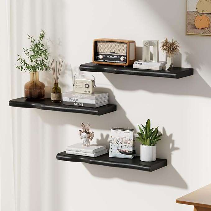 Floating Shelves for Wall Rustic Farmhouse 24 Inch Floating Shelf Bathroom Wooden Shelves for Wall Mounted Live Edge Pine Shelf with Unique Natural Grain for Living Room Bedroom Kitchen (Black) - Image 2