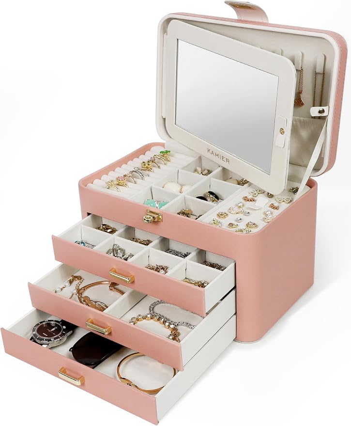 KAMIER Jewelry Organizer Box for Women - 4 Layer Drawer Jewellery Storage with Lock and Mirror - Jewelry Case for Necklaces Rings Bracelets Earring Holder Organizers (Pink) by KAMIER