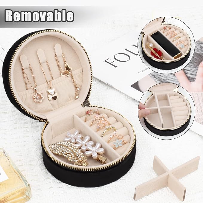 DesignSter Travel Jewelry Box - Velvet Mini Jewelry Organizer, Small Jewelry Case for Girls Women, Jewelry Storage Box for Rings Earrings Necklace (Circular, Black) - Image 3