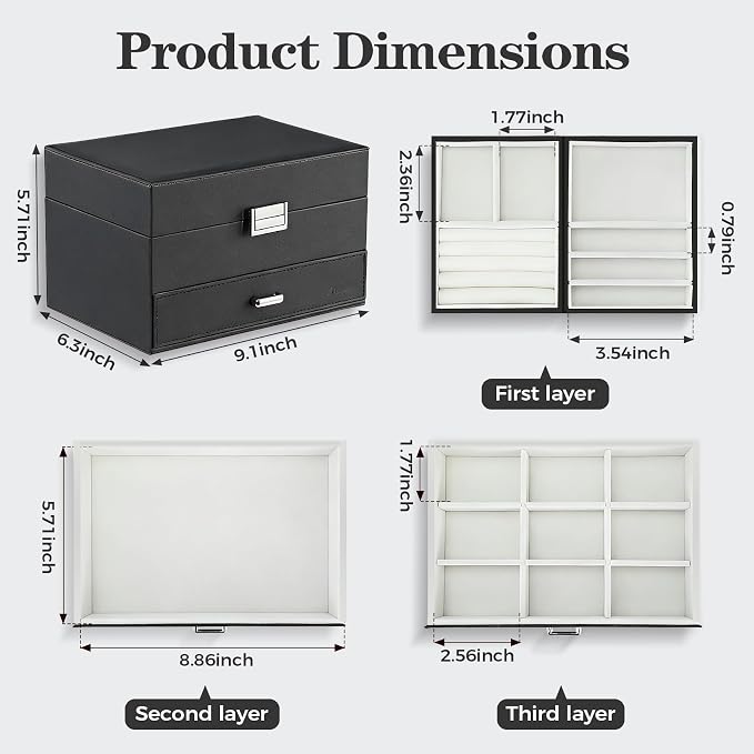 Dajasan Jewelry Organizer Box, Large Jewelry Boxes for Women Girls, Space-Saving 3 Layers Jewelry Storage Case with Drawer, Movable Metal Stand, Modern, Gift Idea (Black) - Image 3