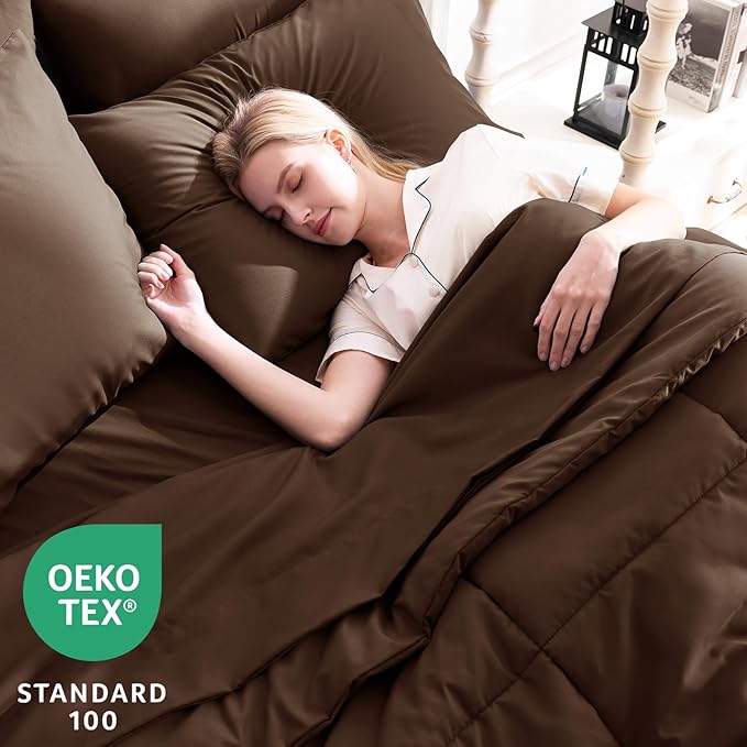 CozyLux King Size Comforter Set Brown, 7 Pieces Bed in a Bag, Brown Comforter King Size, All Season Bedding Sets with Stitch Quilted Comforter, Flat Sheet, Fitted Sheet, Pillowcases