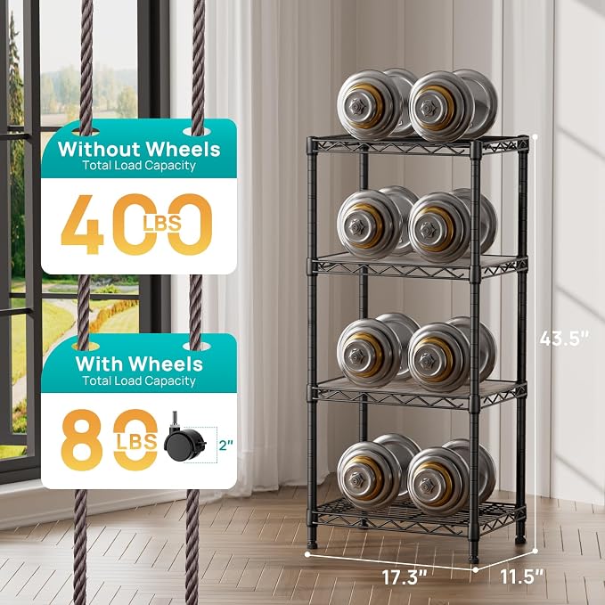 SINGAYE 4 Small Shelves Storage Shelf Wire Shelving Unit Metal Shelf Adjustable Organizers Storage Shelving with Wheels for Bathroom Laundry Room Kitchen Pantry11.5”D x 17.3”W x 44.5”H Black - Image 3