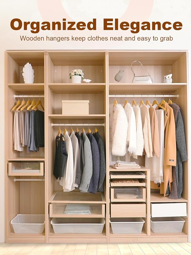 HOUSE DAY Wooden Hangers 20 Pack, Solid Wood Hanger with Non Slip Pant Bar, Heavy Duty Wooden Coat Hanger for Closet, Smooth Finish Wood Clothes Hangers for Shirts, Suits, Jackets, Dresses, Natural - Image 7