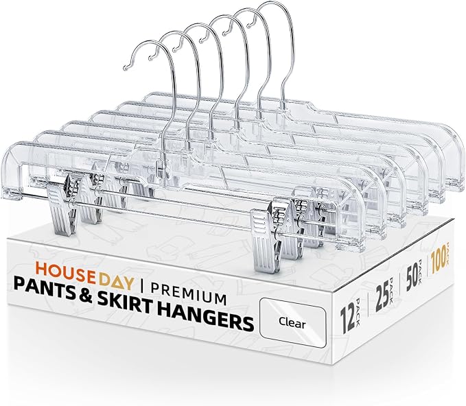 HOUSE DAY 100 Pack Skirt Hangers with Clips, Clear Plastic Pants Hangers with 2-Adjustable Clips，Non-Slip Clip Hanger for Pant, Skirts, Shorts, Bulk Retail Hanger by HOUSEDAY