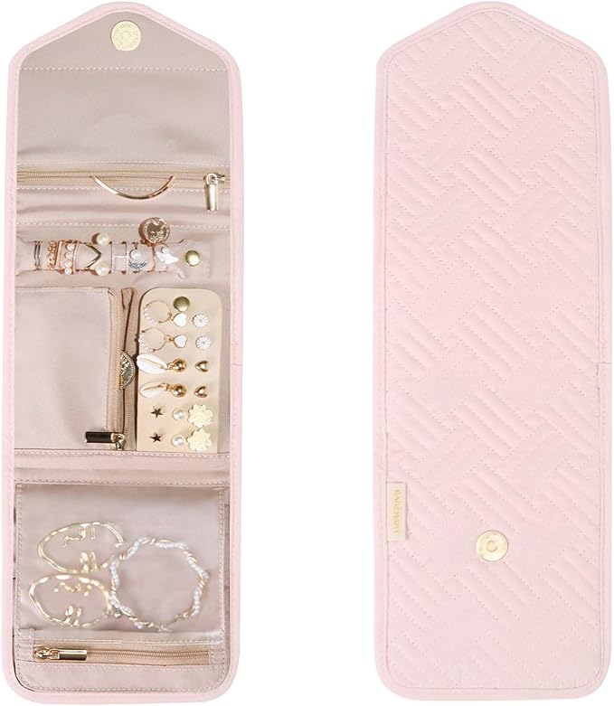 BAGSMART Travel Jewelry Organizer Case Foldable Jewelry Roll for Journey Rings, Necklaces, Earrings, Bracelets,Mini,Light Pink - Image 8