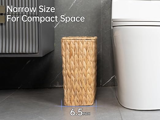 Coeusy 3 Gallon Wicker Trash Can,Small Bathroom Trash Can with Lid,Natural Water Hyacinth Wicker Waste Basket for Bedroom,Toilet,Narrow Garbage Can with Removable Liner - Image 5