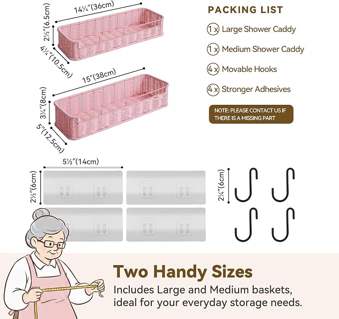 GRANNY SAYS 2 Pack Wicker Shower Caddy Hanging, Shower Shelf for Inside Showers, Adhesive Shelves for Bathroom Organizers and Storage, Bathroom Shelves Wall Mounted with 4 Hooks for Home Decor, Pink - Image 2