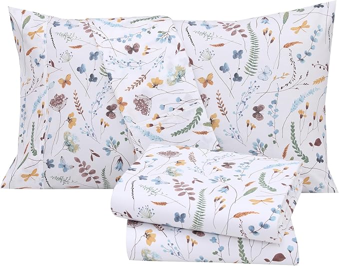 RUVANTI 100% Cotton Sheets – Twin Size Percale Bedding, Cooling & Breathable Floral Design, Durable with a Crisp, Soft & Comfortable Feel, 16" Deep Pocket, 3-Piece Set, Fern Class
