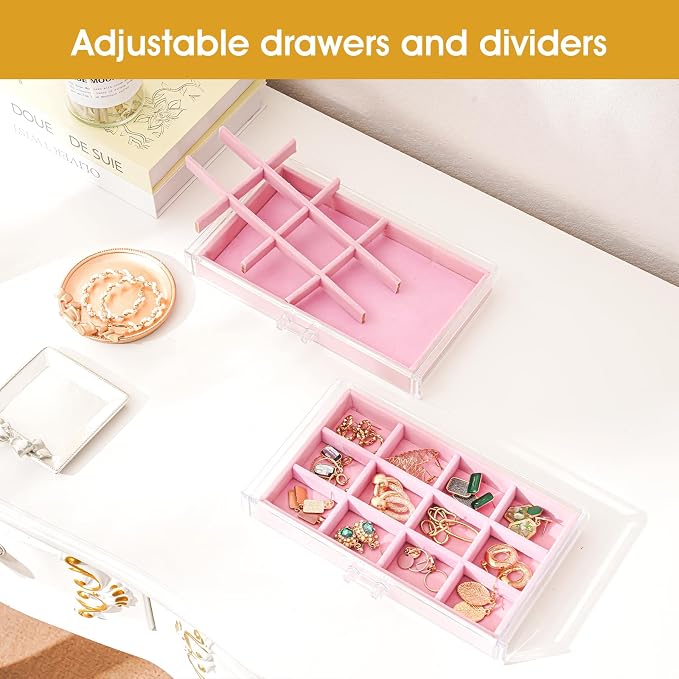 ProCase Earring Holder Organizer Jewelry Box with 8 Drawers, Acrylic Clear Earring Case with Adjustable Velvet Trays for Women - Pink, 8 Layers - Image 2