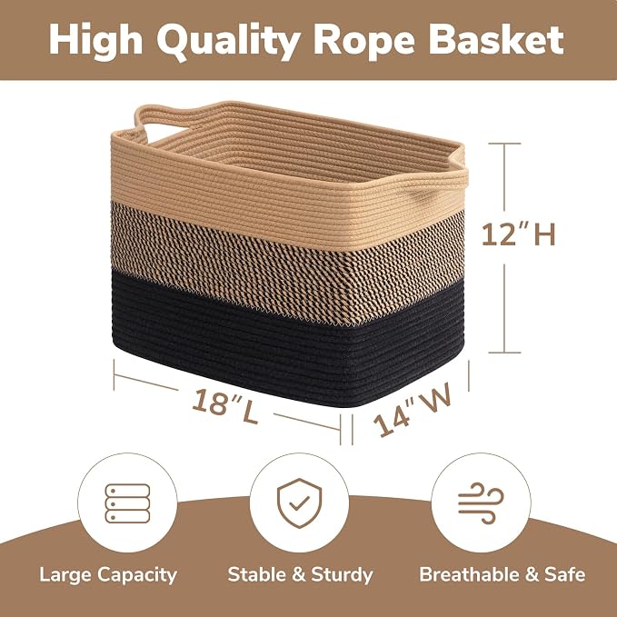 Goodpick Large Woven Basket 18" x 14" x 12" Cotton Rope Storage Baskets for Organizing, Rectangle Wicker Laundry Basket with Handles, Toy Baskets for Kids, Black & Jute - Image 3