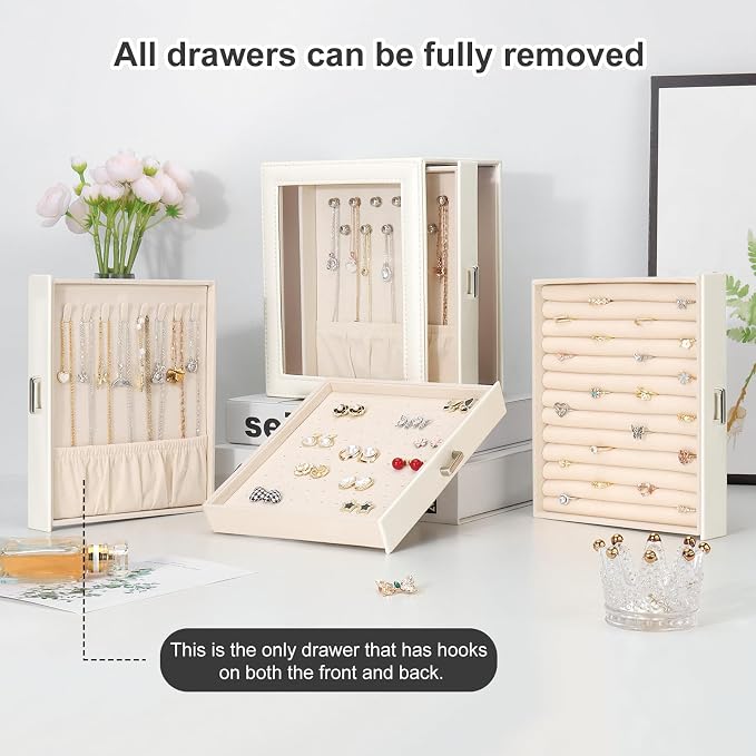 DesignSter Jewelry Box Organizer, Jewelry Box for Women, PU Jewelry Organizer Display Case with Side Drawers, Jewelry Storage for Earring Necklace Ring Bracelet Watch - Image 7