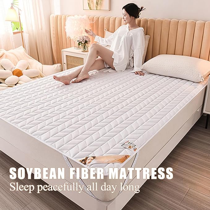 White,200 * 220cm,LDLCYCN Thin Mattress Protector Pad with Elastic Straps Japanese Floor Mattress Cover Foldable Futon Mattress Topper Protector Camping Mat for Student Dormitorie