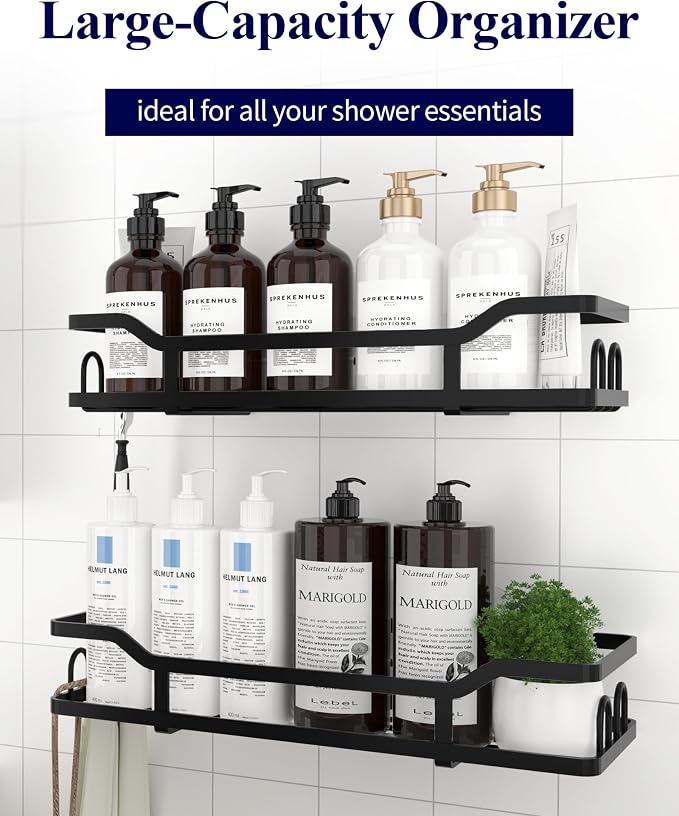 Kitsure Shower Caddy - 2 Pack, No Drilling Shower Organizer with 8 Hooks, Rustproof Stainless Steel Shower Shelf for Inside Shower, Wall Mounted Shower Rack for Bathroom, Kitchen, Black - Image 6