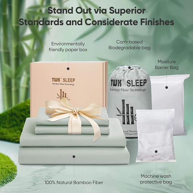 TWK Luxury Sheet Set, Genuine 100% Organic Viscose Derived from Bamboo, Cooling & Breathable, Silky Soft, Bedding Sheets & Pillowcases (Sea Glass, California King)