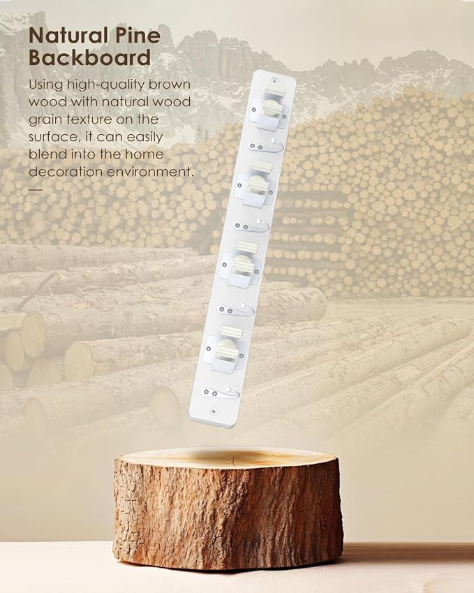 AceMining Broom Holder Wall Mounted, White 4 Holders and 4 Hooks Mop Holder, Wooden Mop and Broom Holder with Anti slip rubber, Natural pine wood Brush Holder, Mop Wall Holde with Nail installation - Image 7