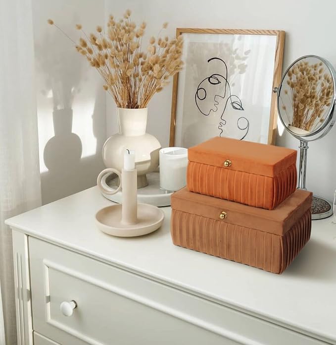 HofferRuffer Velvet Decorative Boxes, Jewelry Boxes Storage Accessory Organizer Boxes with Elegant Handle Decor, Classic Velvet Set of 2 Pieces (Brown) - Image 3