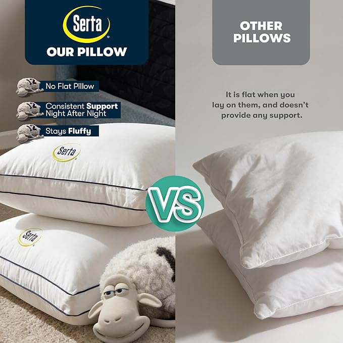 Serta Hotel Collection Bed Pillows King Size Set of 2, 400 Thread Count 100% Cotton Cover, Medium Support Gusseted Down Alternative Pillow for Back, Stomach or Side Sleepers, 18" x 34", White