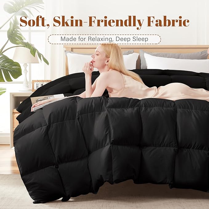 Feather and Down Comforter Insert Queen Size, 100% Cotton Cover, All Season Black Down Feather Duvet Insert, Fluffy Soft Hotel Luxury Bedding for Bedroom, 90 x 90 Inches